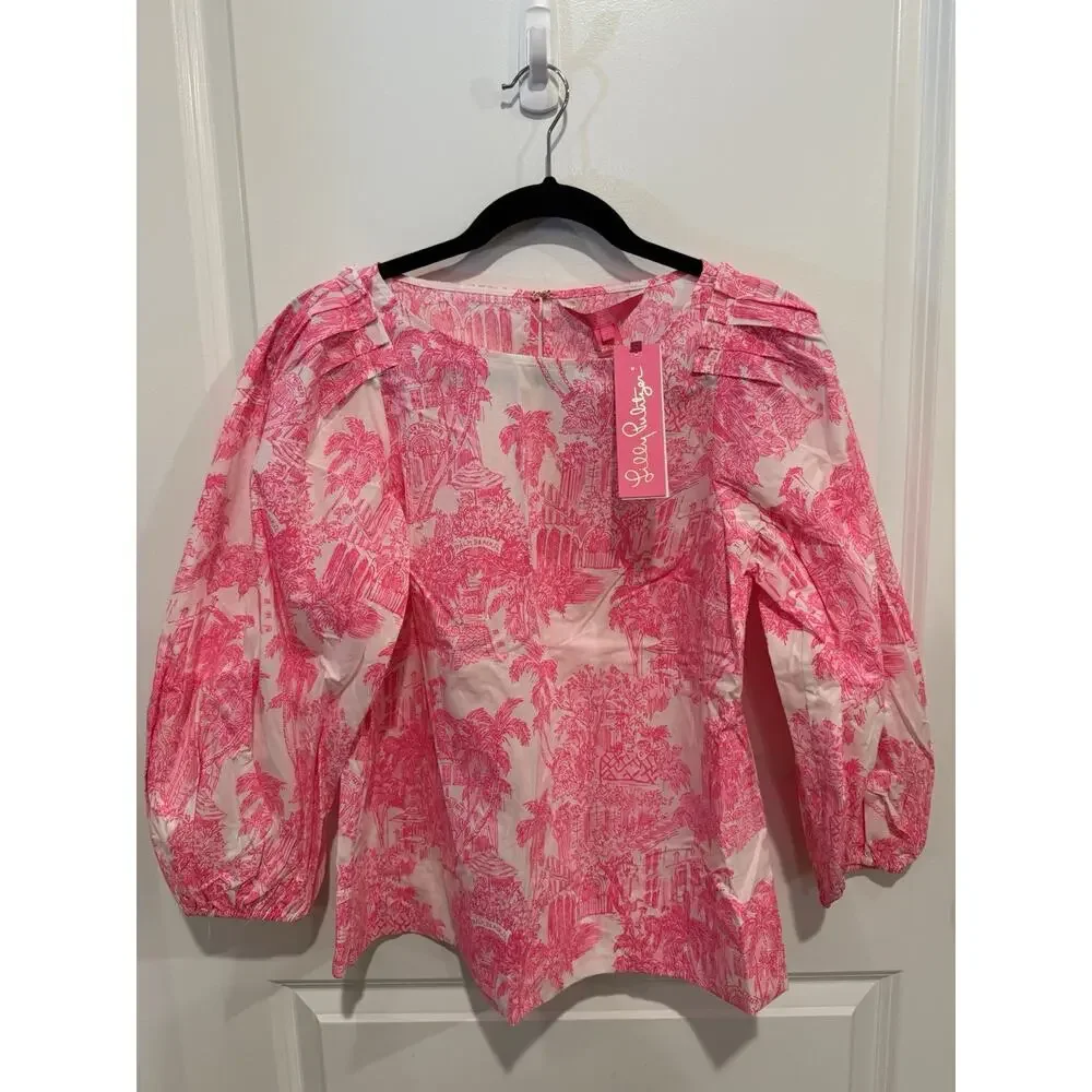 Lilly Pulitzer Barbara Top Palm Beach Anniversary Toile Pink White Sz 4 - NWT